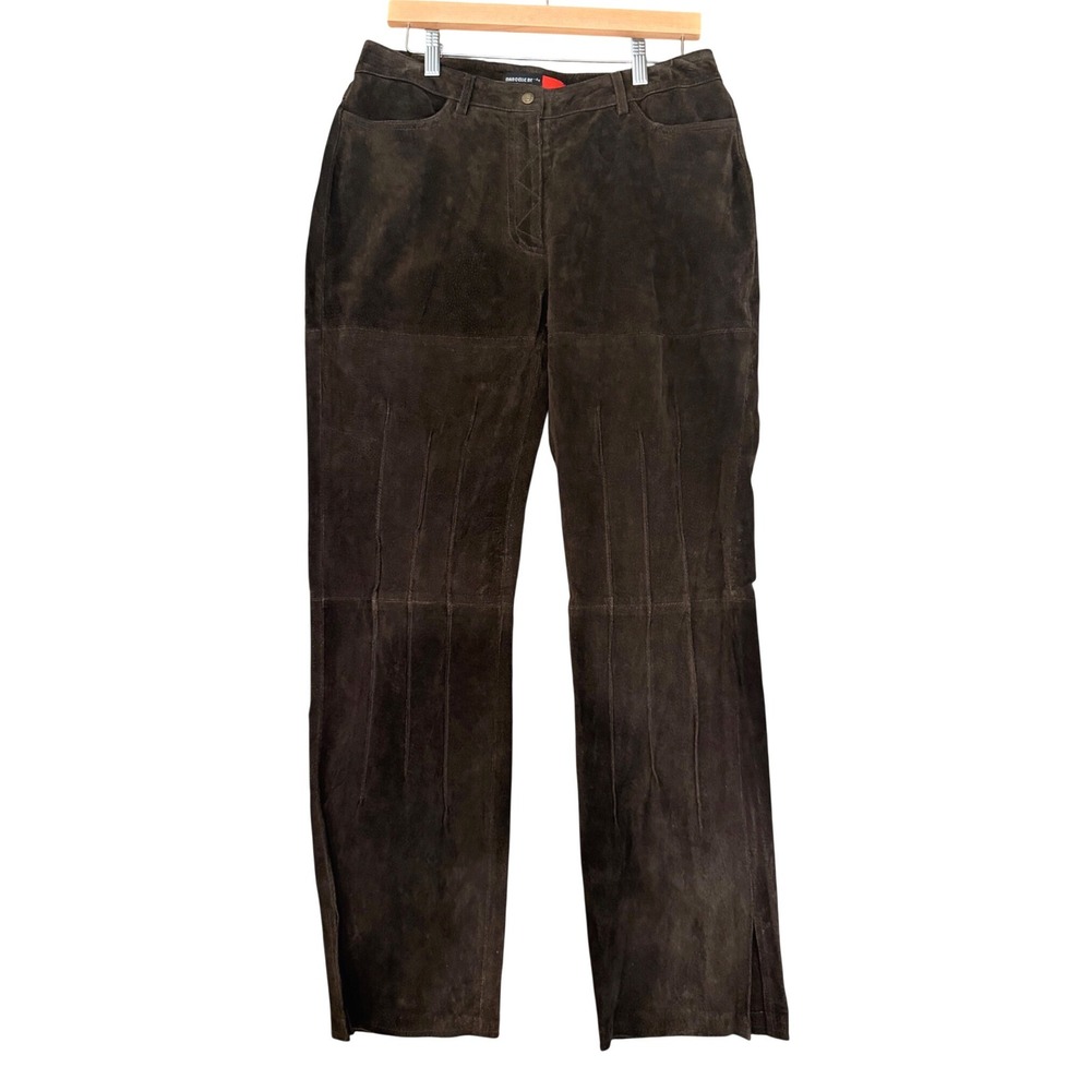 Y2K Brown Leather Suede Straight Leg Pants Ankle Slit Womens L Vintage Western